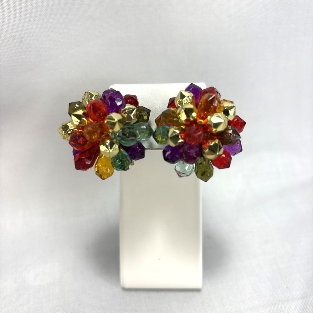 Vintage Multicolor Cluster Plastic Beaded Clip On Earrings